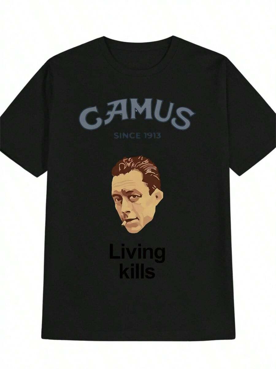 Women's Retro French Literary Theme T-Shirt - Inspired By Albert Camus's *The Living Dead* And *The Plague*, This Casual Crew Neck Summer T-Shirt Is Machine Washable In Black And Perfect For Book Lovers And Philosophy Enthusiasts. Featuring A Retro Patchwork Pattern. - 黑色 - 查看 1