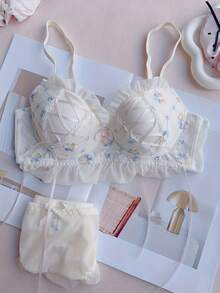 Embroidered Floral Bow Knot Bra And Panty Set For Women, Non Wired Fixed Padding Lingerie, Cute Japanese Style Everyday Intimates, Solve Unstable Pad Poor Support - Màu be - Xem 4