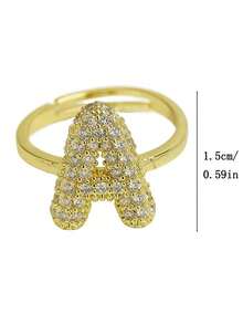 泡泡可爱26字母戒指，女士气球镀金锆石A-Z字母开口可调节戒指，美观婚礼首饰礼物 - 金色 - 查看 3