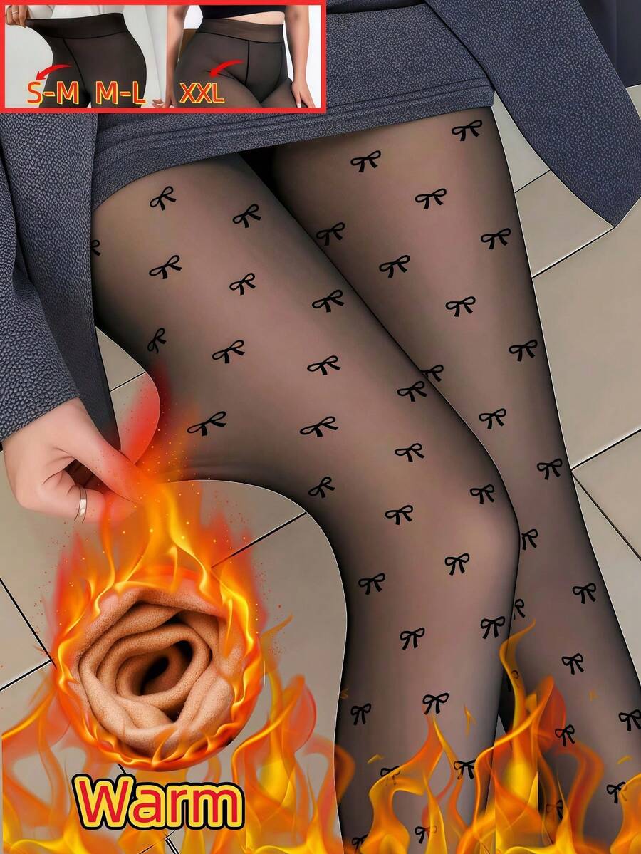 1双装 300克/220克/80克 女士性感透视黑色蝴蝶结连裤袜，商务性感风格，适合秋冬季节，大码可选，保暖内衬，保暖打底（适合0-15°C），舒适