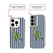 1pc TPU Material Deep Blue White Striped Green Sea Turtle Pattern Phone Case Suitable Compatible With Apple 17 Pro Max/17/16 Pro Max/15/13/12/11, S20 FE/A15/S24/A55, Note 11/Note 12/Note 13 Pro, Full Coverage Anti-Drop Soft Protective Phone Case - White - View 7