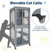 Catio al aire libre de 4 niveles con ruedas, 30 "L * 30" W * 68 "H Caja de gato montada en ventana con poste de rascados, techo a prueba de intemperie y 2 puertas deslizantes, playpen de gato de mader - Gris - Ver 6