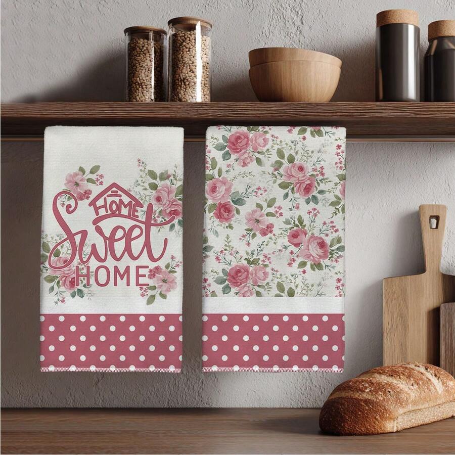 MEMNUN 2 Peças Toalhas de Cozinha com Impressão do Slogan "Sweet Home" em Rosa, 15.75*23.62in(40*60cm), Microfibra Super Macia e Absorvente, Acessórios de Cozinha, Lavável em Máquina, Adequado para Sala de Jantar, Cozinha, Decoração e Presentes de Feriado, Todas as Estações - Multicolorido - Visão 1