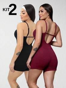 Set Of 2 Ribbed Jumpsuits With Straps For Women's Gym And Sportswear - Fitness - Burgundy - View 1
