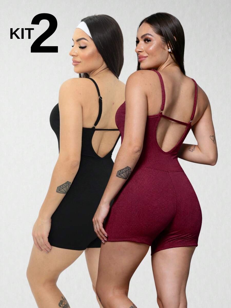 Set Of 2 Ribbed Jumpsuits With Straps For Women's Gym And Sportswear - Fitness - Burgundy - View 1