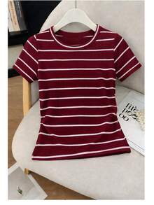 Women's Ribbed Cotton Striped Basic Two-Tone T-Shirt - Casual Autumn/Winter/Summer American Style - 條紋葡萄酒 - 查看 2