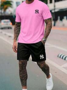 New York City NY 2-Piece Set - Men's 100% Cotton T-Shirt + Lightweight Comfortable Tactel Shorts - Men's Streetwear Fashion - New Arrival - Immediate Shipping - 淺粉色 - 查看 1