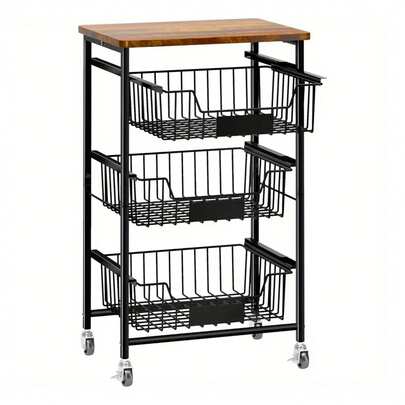 Carro de 4 Niveles, Carro Estrecho de Cocina con Ruedas, con Asa, para Espacio Reducido, para Cocina, Baño, Salón,Estudio, Marrón Rústico y Negro