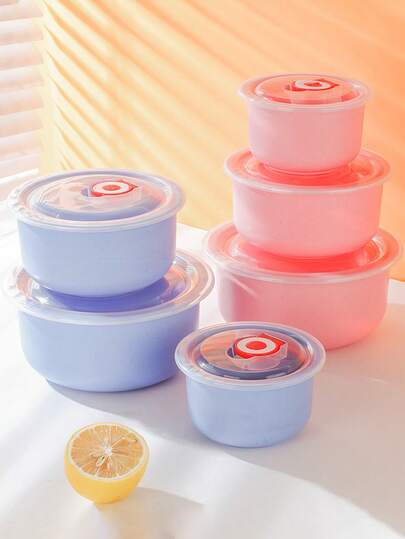 3 piezas de recipientes de almacenamiento de refrigerador de colores con tapas - Recipientes de plástico redondos rosa, beige, azul y verde, esenciales para picnic | Diseño ahorra espacio | Organización y almacenamiento de refrigerador