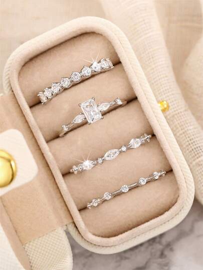 4 Pcs Fashion Cubic Zirconia Rings With Box For Women For Wedding Engagement Anniversary Party Jewelry Valentine's Day Gift