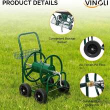 4-Wheel Garden Hose Reel Cart With Storage Basket, Portable Residential Hose Reel Cart, Lawn Watering, For Garden Backyard And Farm (Green 250FT) - B - 查看 3