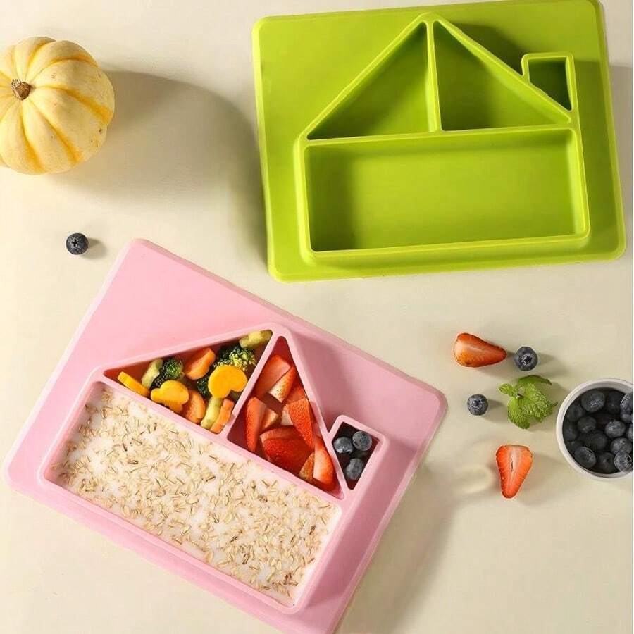 Silicone Plate/Lunch Box, Cute House Cartoon Design, Fresh And Fun Tableware, Microwave/Refrigerator/Dishwasher , Meal Prep Tray - Lime Green - View 1