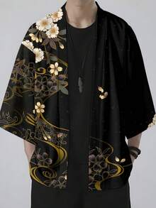 Premium Chinese Style Black-Gold Cherry Blossom Print Men's Loose Kimono Cardigan - Multicolor - View 2