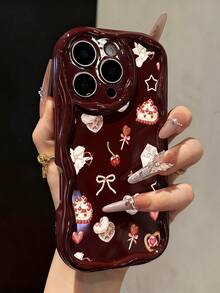 Cake Cream Wavy Edge Burgundy Minimalist Shockproof Thick Phone Protective Case With Printed Design, Suitable For IPhone 17/17 Pro/17 Pro Max, 16 XR/7/8, 15 Pro Max, 12 Pro Max, 13 Pro Max, 14 Pro Max, 13, 14, 11, 12, P11, P12, XS, XR, 7/8 Plus, 7/8 GES2 - Multicolor - View 1
