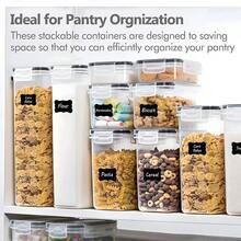 Contenedores de almacenamiento de alimentos herméticamente cerrados con frascos grandes, juego de 7/10/24 piezas, organizador y almacenamiento de despensa de cocina, frascos de plástico de grado alimenticio para cereales, harina, azúcar, pasta, alimentos secos para la cocina, el casillero y el refrigerador, incluye etiquetas y marcadores - Blanco - Ver 7