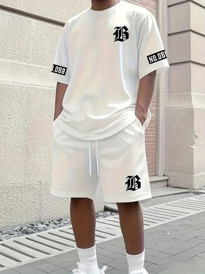 Conjunto de Camiseta e Shorts Casual Masculino com Estampa B Ousada, Tecido de Malha de Poliéster, Lavável na Máquina, Moda de Verão, Confortável para Atividades ao Ar Livre