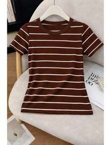 Women's Ribbed Cotton Striped Basic Two-Tone T-Shirt - Casual Autumn/Winter/Summer American Style - 條紋棕色 - 查看 2