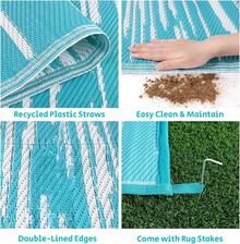 Pauwer Outdoor Rug Waterproof For Patios, Reversible Plastic Straw Rug Camping Carpet, Indoor Outdoor Area Rugs Patio Mats For RV,Picnic,Backyard,Deck,Balcony,Porch - Stripe/Teal - View 2