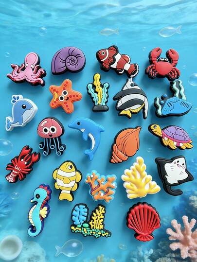 21-Piece Series Of Underwater Creatures, Made Of PVC Material, Featuring Marine Creature Designs Such As Crabs, Turtles And Sea Stars, Suitable For Decorating Shoes. It Is An Ideal Choice For Beach-Themed Gifts. The Bright Creatures And Seaside Accessory Set Can Be Detached And Made Of Colorful PVC, Suitable For Party And Event Decorations. | Ocean Style Pattern | Durable PVC Material Birthday Party Gift