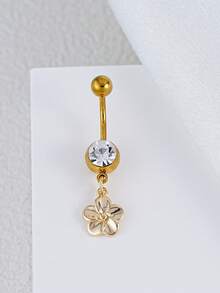 1pc Delicate Flower Pendant Belly Button Ring, Suitable For Women's Daily Wear, Dates, Parties - Yellow Gold - View 2