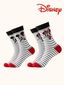 Disney 2双装米奇米妮图案中筒袜，可爱卡通设计，防臭吸湿休闲船袜，适合学生/成人作为礼物或日常穿着，情侣款，袜子 - 彩色 - 查看 11