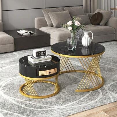 2-In-1 Round Coffee Table Made Of MDF, Side Table With Marble Tabletop And Plastic Rattan Drawers, Solid Wood Handles. Gold Iron Legs. 70 X 70 X 45.5 + 50 X 50 X 38.5 Cm