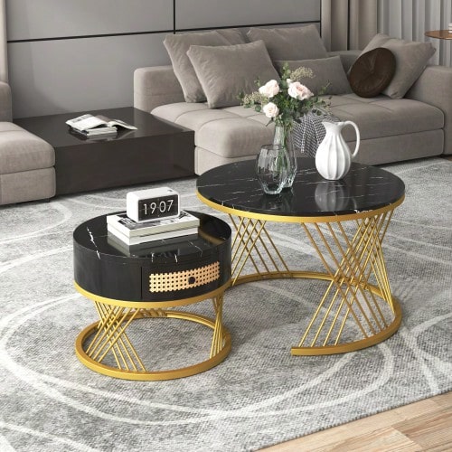 2-In-1 Round Coffee Table Made Of MDF, Side Table With Marble Tabletop And Plastic Rattan Drawers, Solid Wood Handles. Gold Iron Legs. 70 X 70 X 45.5 + 50 X 50 X 38.5 Cm - Black - View 1