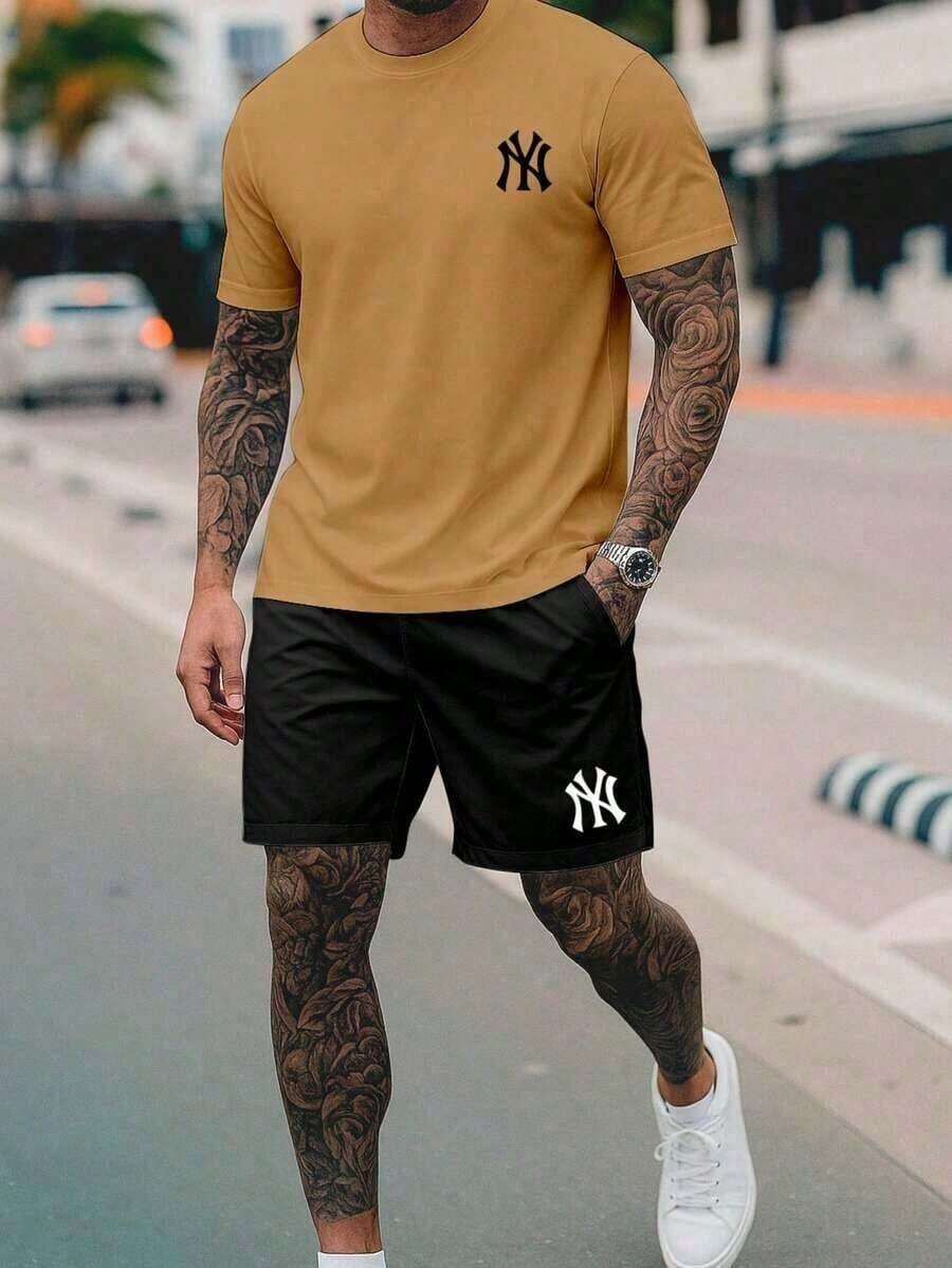 New York City NY 2-Piece Set - Men's 100% Cotton T-Shirt + Lightweight Comfortable Tactel Shorts - Men's Streetwear Fashion - New Arrival - Immediate Shipping - 卡其色 - 查看 1
