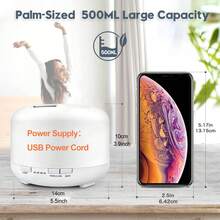 1个500毫升5伏2安USB供电精油扩香器SQ5，包含6瓶精油套装，低水位自动断电，7色灯光，遥控器，适用于家庭、办公室、SPA等场所。 - 純白 - 查看 3