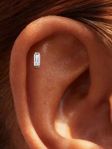 SereneSpark 1Pc 925 Sterling Silver Moissanite Classic Geometric Elements Stud Earring Flat Back Cartilage Helix Piercing Hypoallergenic Pure Silver Suitable For Women For Daily, Dates, Vacation, Wedding, Party, Holiday Gift - Silver - View 5