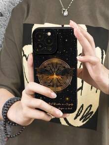 1pc Dark Style Dragon Pattern Slogan Phone Case, Black Matte Soft Anti-Fall Protective Cover, Paired With Starry Dragon Pattern Design, Fantasy Bookworm Aesthetic Style, Full Camera Protection, Compatible With IPhone & Galaxy - Black - View 7