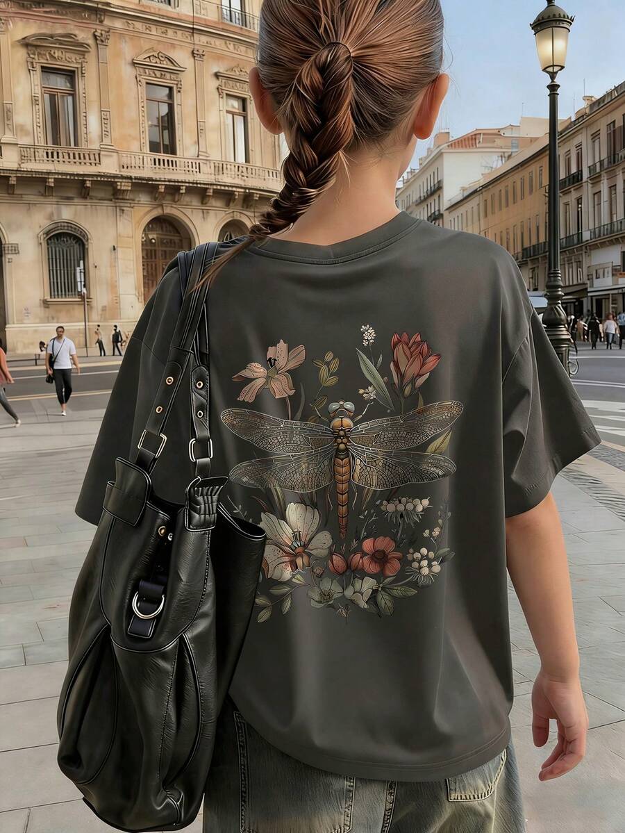 1 pieza Camiseta de manga corta con cuello redondo y estampado gráfico casual para niñas, ropa de verano estudiantil, que inspira la imaginación y la autoexpresión a través de la impresión de letras en inglés - Gris Oscuro - Ver 1