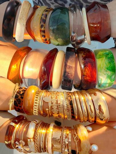 Vintage Elegant Retro Old Coin Style Random 25pcs/21pcs/19pcs/16pcs/11pcs/8pcs/4pcs/1pc Fashion Chic Metal & Resin Multi-Element Antique Style Colorful Tie Dye Transparent Brown Blue Green White Leopard Print Thick Resin Bangle Bracelet Set