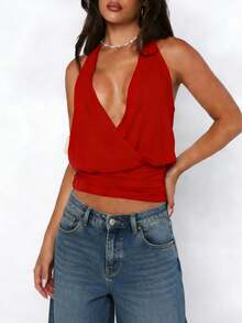 Womens Y2k Solid Color Loose Fit Crop Top Stylish Sleeveless Halter Neck Open Back Tank Vest Fashionable Going Out Cami Top For Summer Party Dailywear - Đỏ - Xem 3