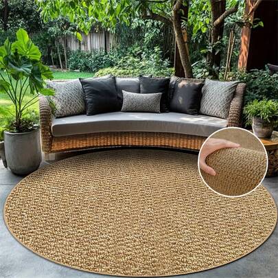 一款复古棕色菠萝图案圆形地毯，现代简约风格，棕色菠萝纹理，北欧风格，适用于阳台、露台、门口、花园、入口等区域，春季新品，夏季上市，户外地毯。