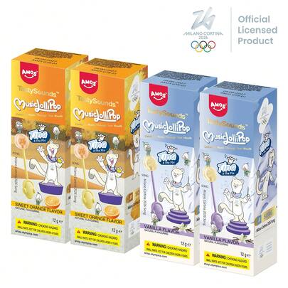 AMOS TastySounds Sugar Free Natural Fruit (Orange*2 & Vanilla*2) Flavor Music Lollipop Candy - Individually Wrapped Perfect Party Gift