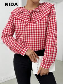 女士优雅彼得潘领系带荷叶边装饰纽扣长袖复古红色格子衬衫，红色上衣，优雅女士衬衫，春夏装 - 紅色 - 查看 6