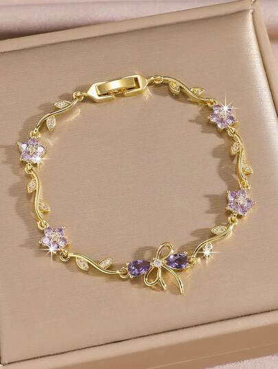  1pc Elegant & Fashionable Purple Moonstone Floral Zirconia Bracelet, Luxury & Exquisite Jewelry For Women, Suitable For Daily Wear, Dates, Weddings, Bridesmaids, Gift For Wife, Mother's Day, Party