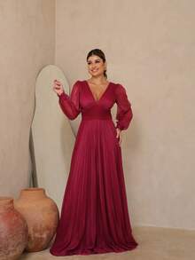 Elegant Women's Long Dress With Long Sleeves And Pleats, Suitable For Bridesmaids, Bridesmaids, Mothers Of The Bride, Groomsmen, Weddings, Graduations, And Evangelical Fashion. - 玫瑰紅 - 查看 1