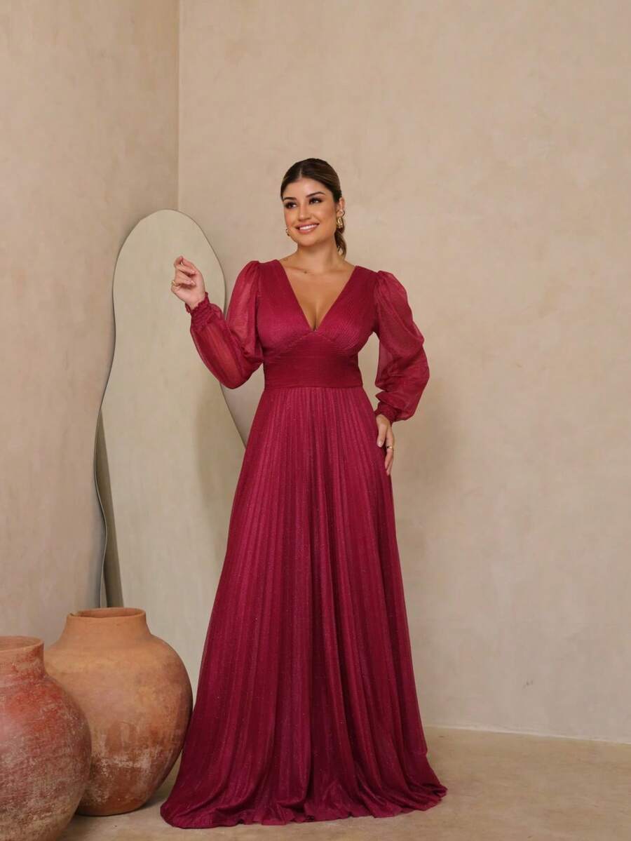 Elegant Women's Long Dress With Long Sleeves And Pleats, Suitable For Bridesmaids, Bridesmaids, Mothers Of The Bride, Groomsmen, Weddings, Graduations, And Evangelical Fashion. - 玫瑰紅 - 查看 1