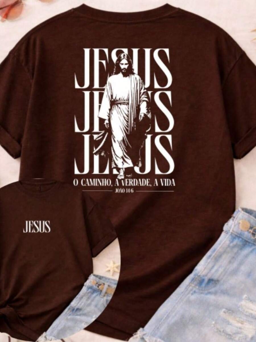 Women's T-Shirt/Blouse/Shirt With Jesus Design, Christian Religious Fashion, Evangelical Catholic Church, 100% Cotton - Rỉ Nâu - Xem 1