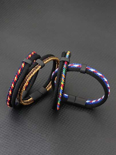 1 pieza Pulsera de cuerda hecha a mano para hombre, pulsera tejida de colores, pulsera de doble capa con cierre magnético, accesorio de joyería de