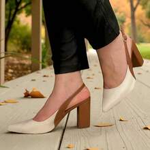 Women's White And Caramel Slingback Shoes – Comfortable Block Heel, Elegant And Modern Design - 駝色 - 查看 2