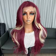 13x4 Burgundy Lace Front Wig Kanekalon Futura Hair 22 Inch Long Wave Highlight Wigs Curtain Bangs, Glueless Kanekalon Hair Resistant Synthetic Hair Wigs Free Part 150% Density Ready To Wear Synthetic Wigs For Daily Party Festival Holiday Use Beginner Friendly Wigs Transparent Lace Wigs - Burgundy - View 3