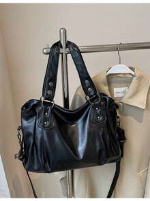 Vintage Large Capacity Hobo Bag - Soft Vegan Faux Leather , City Vintage Shoulder Bag For Women,  Large Capacity Hobo Crossbody Bag, Fall Fashion Casual Handbag, Shoulder & Crossbody Purse, Retro Y2K Style For Fall, Casual Tote For School, Office, And Streetwear - 黑色 - 查看 9