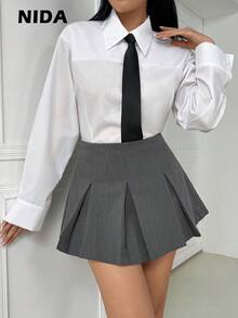 女士纯色褶裥纽扣长袖衬衫，白色翻领衬衫，白色修身衬衫，优雅职业装，教师服装，返校季服装，教师衬衫 - 白色 - 查看 1