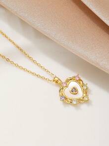 1件金色简约不锈钢项链，镶嵌彩色水钻贝壳爱心吊坠，男女皆宜的街头风配饰 - 金色 - 查看 2