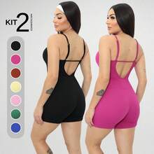 Kit 2 Jumpsuits Ribbed Strappy Rompers Women's Clothing Gym Sports Fitness - Rose Red - View 11