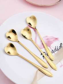 4pcs/Set Stainless Steel Short Handle Heart-Shaped Coffee Stirring Spoons, Christmas Gift - Gold - View 4