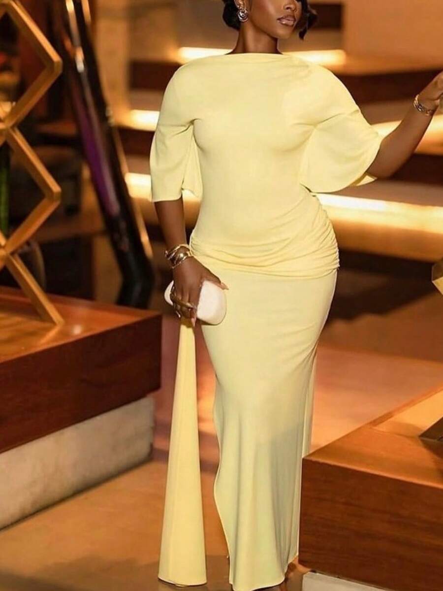 Bright, Elegant, Fashionable, Slim Fit, Party, Street Women's Clothing, Backless, Sexy, Pleated, Loose, Hip Hugging Skirt, One Collar, Tied, Slit Long Dress - Màu vàng - Xem 1
